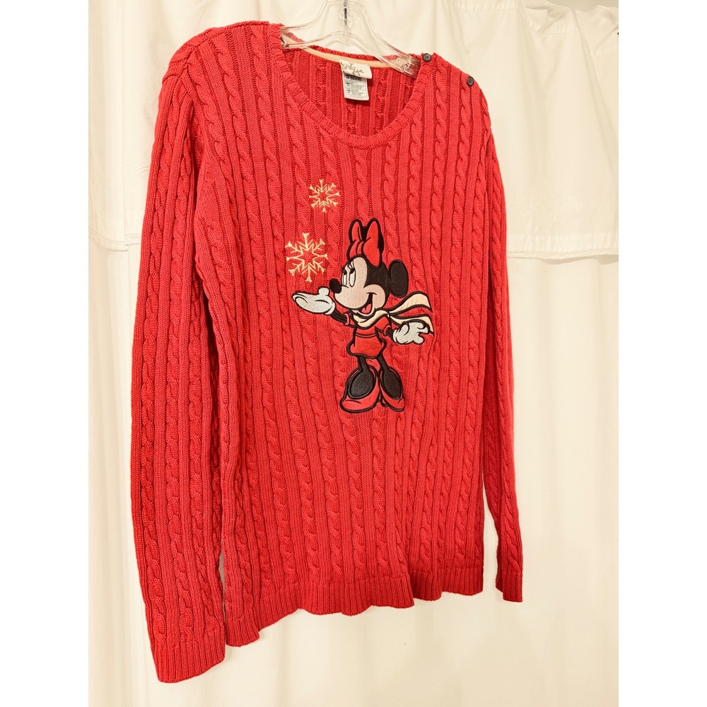 Disney Store Minnie Mouse Red Cable Knit Sweater Winter Snowflake Women XL - Picture 2 of 10